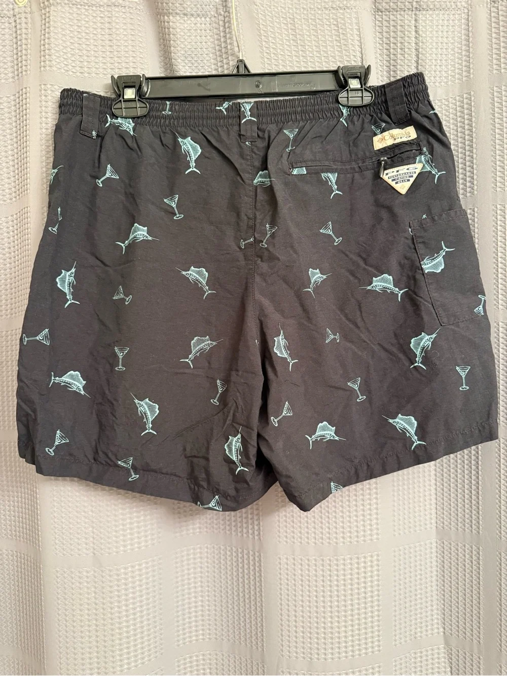 Columbia PFG Black Swim Trunks with Marlin Fish & Martini Cocktail Print